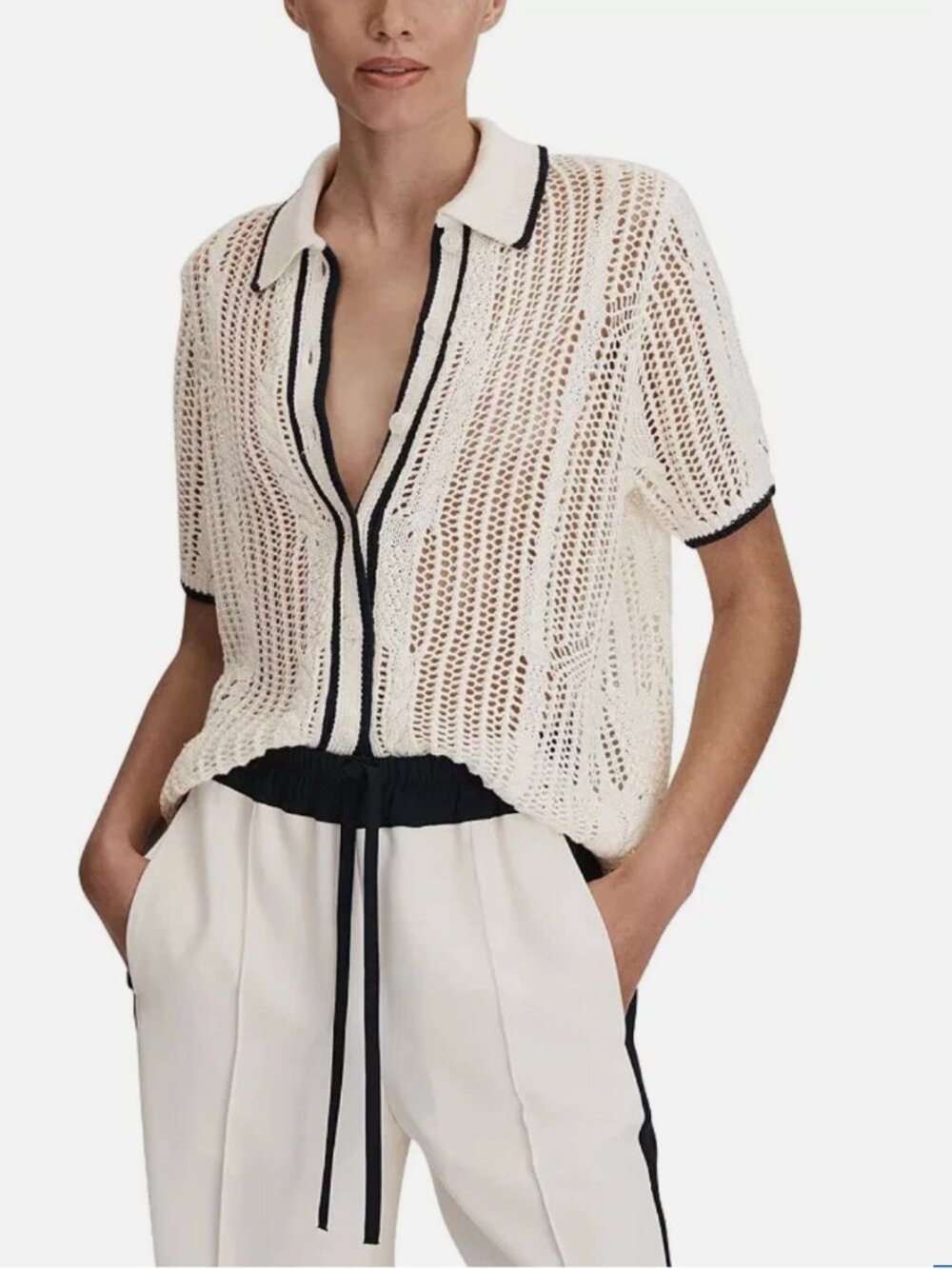 Reiss Erica Linen Open Stitch Button Down Top Shirt Size L